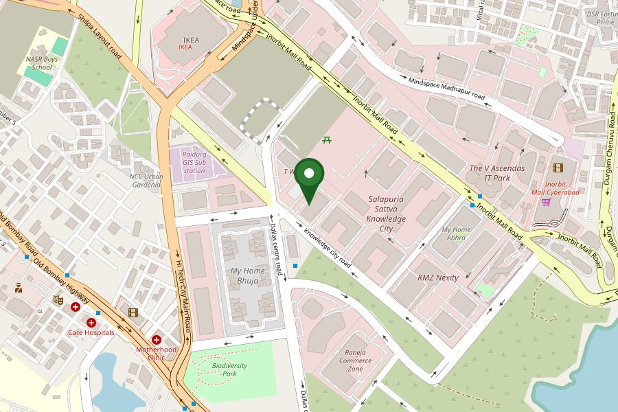 Map of Raidurgam, Hyderabad, with a pin on T-Hub. Opens Google Maps.